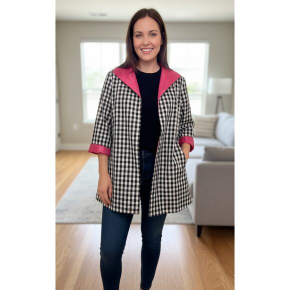 Grace Chuang New York Reversible 2 in 1 gingham Pink open Jacket Blazer Sz L - Picture 1 of 10